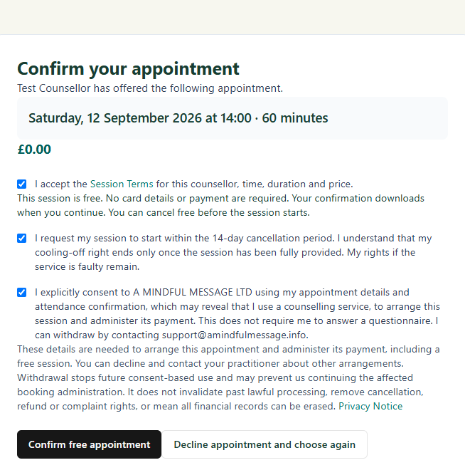 Appointment confirmation showing the session details and consent