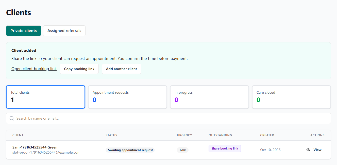 Practitioner private client list with an example client and booking status