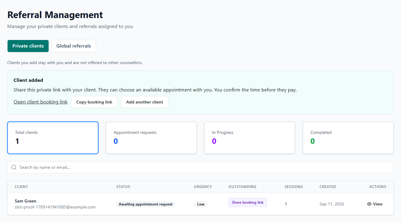 Practitioner private client list with an example client and booking status